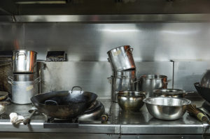 Greasy pots and pans in kitchen