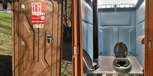 a Russell Reid Porta Potty split image outside and inside